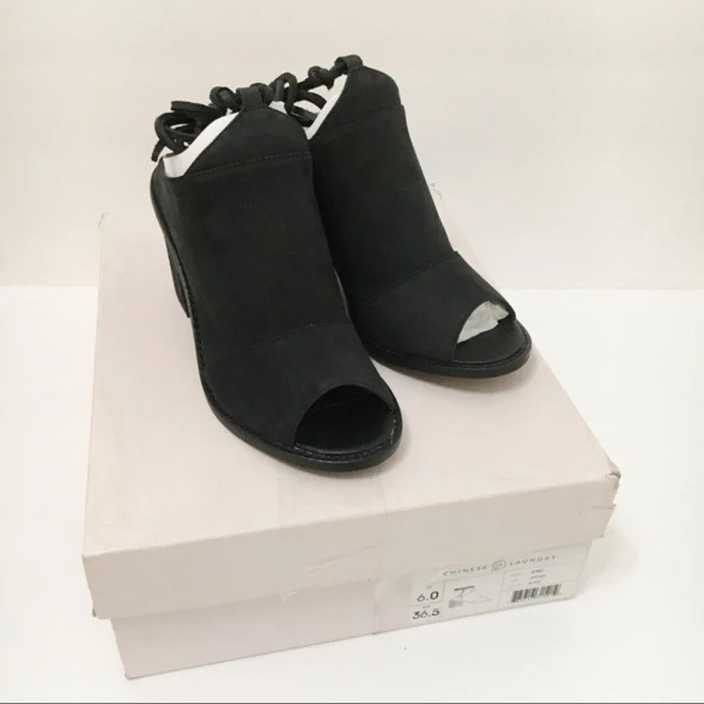 Chinese Laundry Size‎ 6 Black Leather Ankle Wrap Peep Toe Mules Shoes Heels